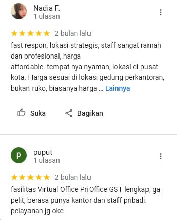 fasilitas Virtual Office PriOffice GST lengkap, ga pelit, berasa punya kantor dan staff pribadi. pelayanan jg oke. fast respon, lokasi strategis, staff sangat ramah dan profesional, harga affordable. tempat nya nyaman, lokasi di pusat kota. Harga sesuai di lokasi gedung perkantoran, bukan ruko, biasanya harga segini dpt virtual office lokasi ruko. Pembuatan PT di PriOffice, cepet dan informatif, kita jadi tau hal-hal apa aja yang harus di lakukan, bener2 mengedukasi. PriOffice Grand Slipi Tower Terbaik. Fast Respone. Fasilitas Virtual Office PriOffice GST lengkap,