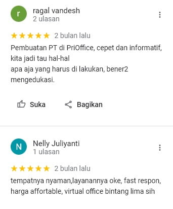 tempatnya nyaman,layanannya oke, fast respon, harga affortable, virtual office bintang lima sih. Pembuatan PT di PriOffice, cepet dan informatif, kita jadi tau hal-hal apa aja yang harus di lakukan, bener2 mengedukasi.